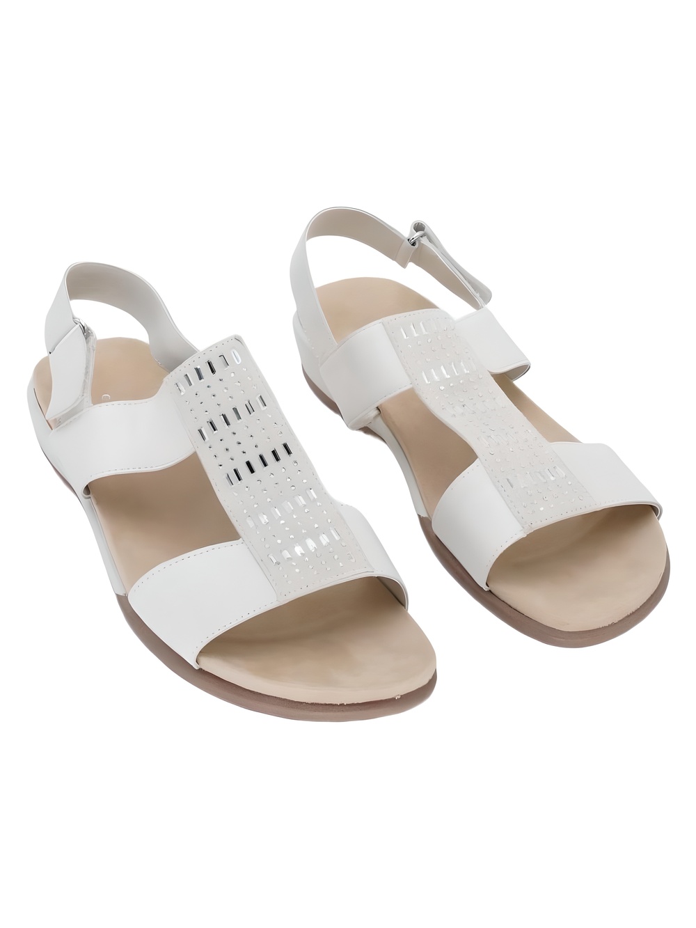 Easy Spirit Hazel Embellished Cream Leather Wedge T-Strap Sandals Size 8.5M